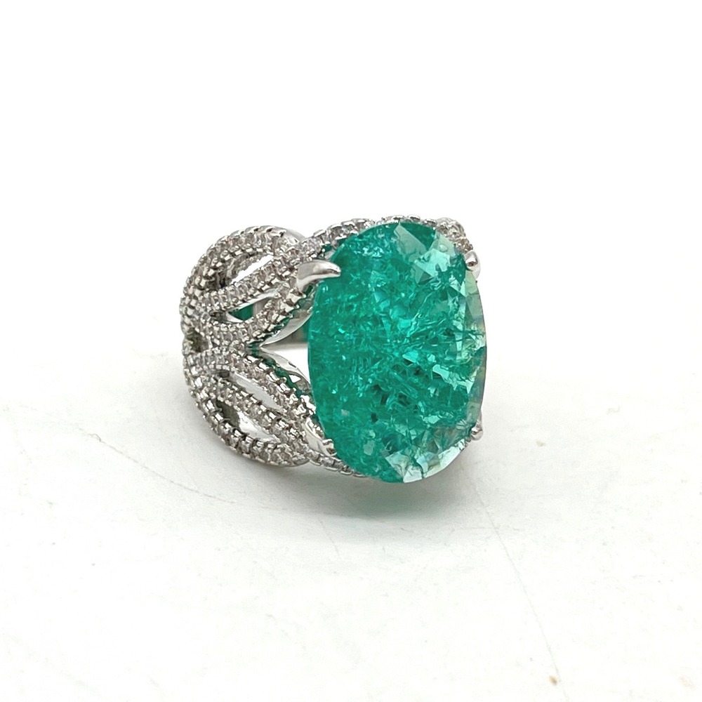 925 Sterling Silver Teal Green Crackle Stone Leaf Cocktail Ring Size 6.5